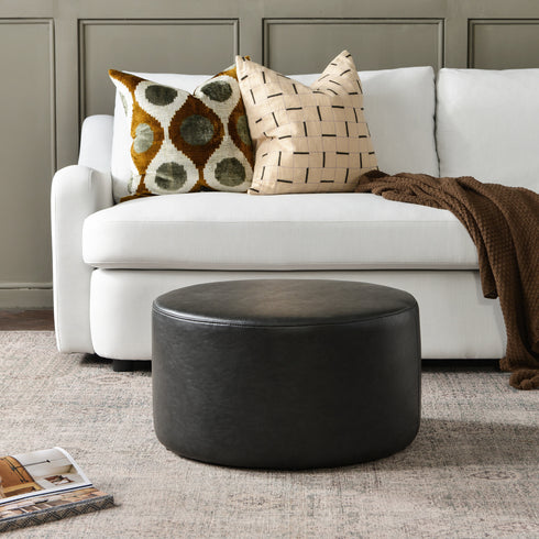 Elof Faux Leather Ottoman - Modern Round Ottoman | Footrest & Accent Stool | Kinwell Furniture | Faux Leather Ottomans