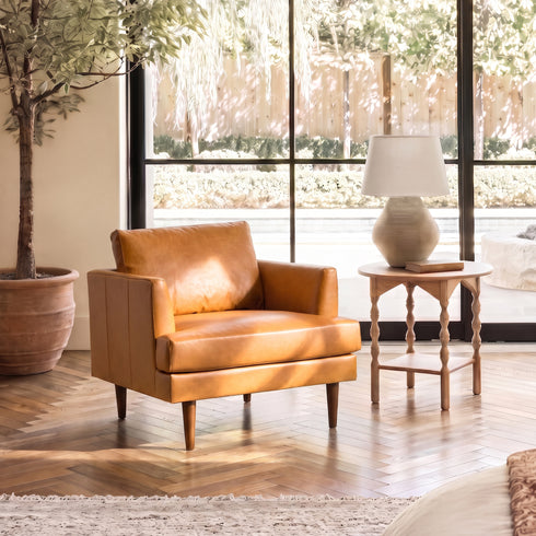 Samuel Tapered Arm Chair – Camel Square Arm Accent Chair | Leather Armchair | Kinwell Furniture | Scandinavian, Timeless Design