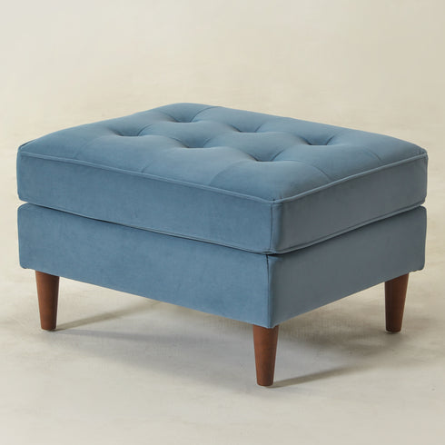 Tiziano Tufted Ottoman – Velvet Rectangular Footrest & Accent Seat | Mid-Century Upholstered Pouf | Blue Ottoman