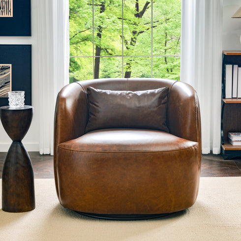Ashlie Leather Swivel Barrel Chair - Brown Modern Swivel Chair | Swivel Accent Chairs | Kinwell Furniture | Swivel Armchairs