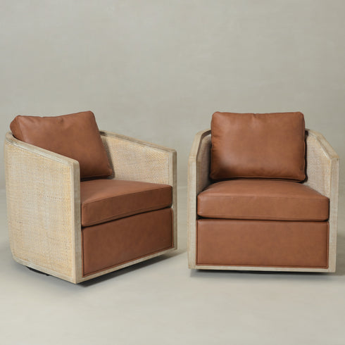 Claude Premium Leather Swivel Cane Chair - Brown Modern Swivel Chair | Swivel Accent Chairs | Kinwell Furniture | Swivel Armchairs