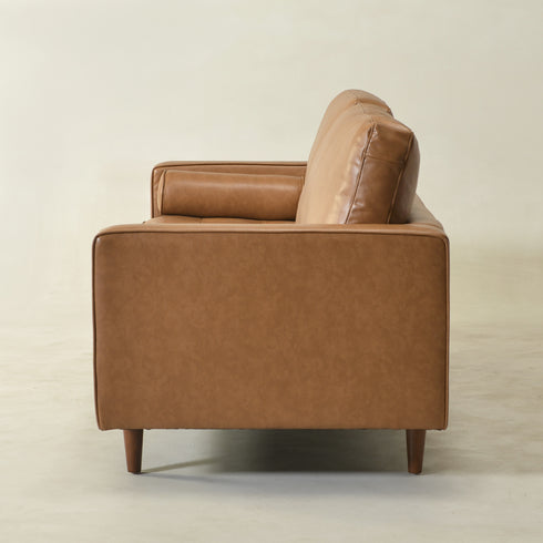 Tiziano Tufted 3-Seater Sofa – Camel Faux Leather Couch with Accent Pillows | Mid-Century Modern Sofa | Kinwell Furniture
