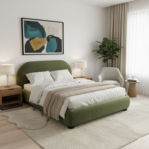 Harriet Velvet Bed Frame with Headboard – Olive Green Upholstered Platform Bed | Queen Size | Kinwell Furniture