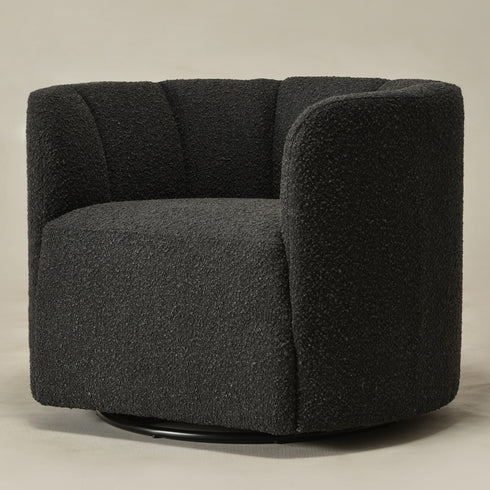 Wilton Bouclé Swivel Barrel Chair - Black Petal Back Modern Swivel Chair | Swivel Accent Chairs | Kinwell Furniture | Swivel Armchairs