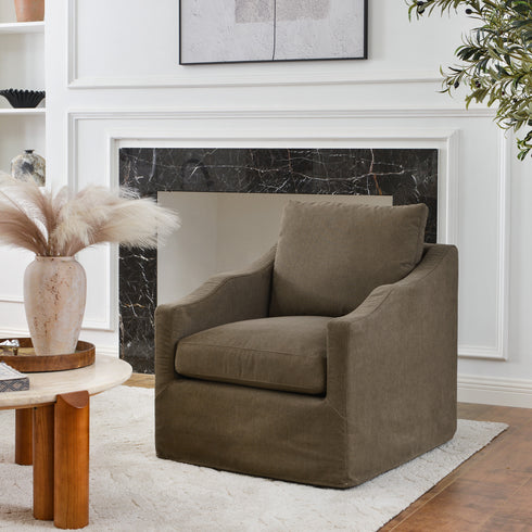 Charles Slipcover Swivel Barrel Chair – Brown Modern Swivel Chair | Slipcover Swivel Chairs | Kinwell Furniture | Swivel Armchairs