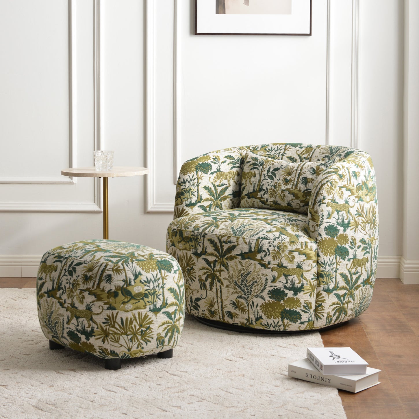 Ashlie Embroidered Fabric Swivel Chair - Jungle Animal Print Swivel Chair | Modern Swivel Accent Chair | Upholstered Swivel Armchair | Kinwell Furniture | 360 Degree Swivel Barrel Chair | Embroidered Fabric Armchair | Living Room Accent Chairs | Statement Swivel Chair