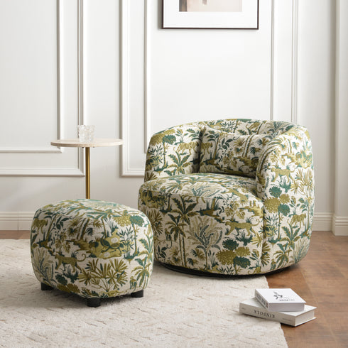 Ashlie Embroidered Fabric Swivel Chair - Jungle Animal Print Swivel Chair | Modern Swivel Accent Chair | Upholstered Swivel Armchair | Kinwell Furniture | 360 Degree Swivel Barrel Chair | Embroidered Fabric Armchair | Living Room Accent Chairs | Statement Swivel Chair