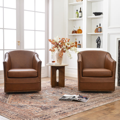 Lawton Faux Leather Tufted Swivel Chair – Brown Industrial Modern Swivel Chair | Faux Leather Office & Lounge Chair | Kinwell Furniture | High Back Chair