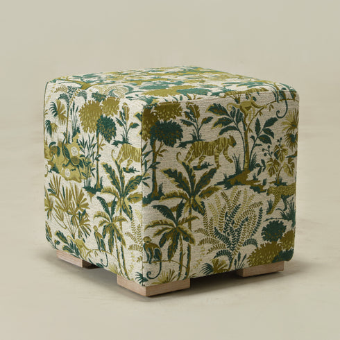 Jungle Animal Print Embroidered Fabric Square Ottoman | Embroidered Fabric Footstool | Modern Decorative Accent | Upholstered Accent Seating | Living Room Furniture | Statement Fabric Design | Kinwell Furniture