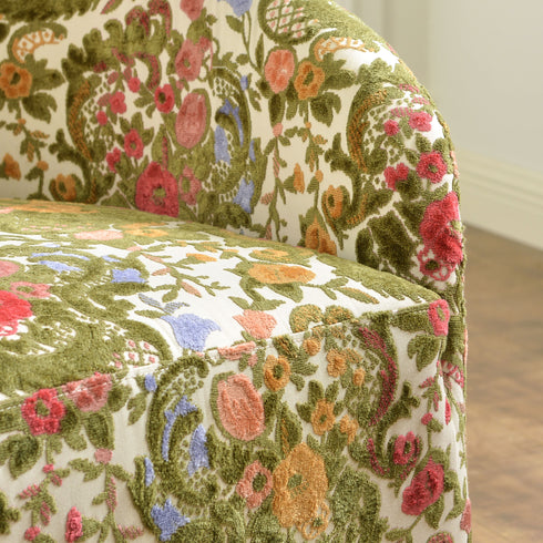 Susie Botanical Jacquard Swivel Barrel Chair - Botanical Jacquard Accent Chair | Modern Swivel Accent Chair | Upholstered Swivel Armchair | Kinwell Furniture | 360 Degree Swivel Barrel Chair | Floral Jacquard Armchair | Living Room Accent Chairs | Luxury Statement Chair