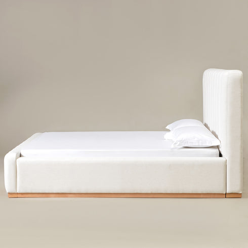 Agnes Linen Platform Bed - Beige / Gray Upholstered Bed | Queen & King Platform Beds | Kinwell Furniture | Modern Linen Bed Frames