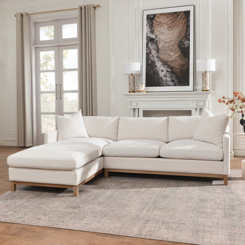 Cream Goose Down Sectional Sofa | L-Shape Down Filled Sectional with Chaise | Cream Upholstered Sectional Sofa | Modern Cream Sectional Couch | Soft Down Sectional Sofa