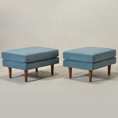 Albert Linen Blend Ottoman – Footrest & Pouf | Living Room Accent Seat | Kinwell Furniture | Contemporary Ottoman | Blue