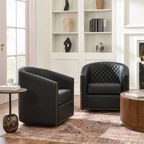 Logan Faux Leather Tufted Swivel Club Chair - Black Modern Swivel Chair | Swivel Accent Chairs | Kinwell Furniture | Swivel Armchairs