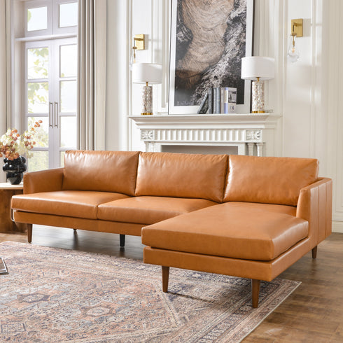 Samuel Tapered Arm Two-Piece Sectional – Leather Camel Chaise Sectional Sofa | 3-Seater Couch | Kinwell Furniture | Mid-Century Modern Design