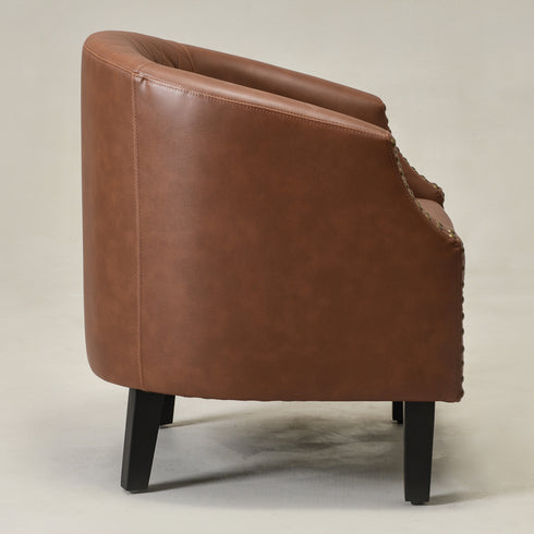 Louis Faux Leather Tufted Club Chair - Brown Accent Chair | Decorative Accent Chairs | Kinwell Furniture | Modern Club Chairs | Barrel Club Chair | Nailhead Trim Chair | Contemporary Faux Leather Chair | Elegant Brown Chair
