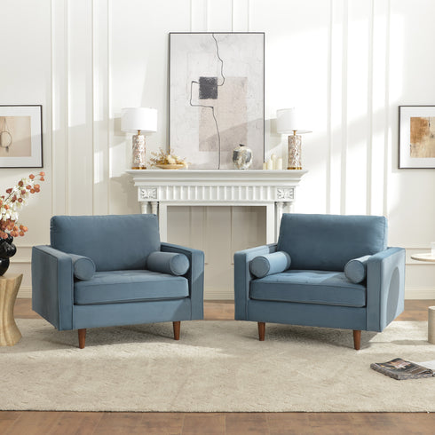 Tiziano Tufted Armchair – Blue Velvet Accent Chair with Pillows | Mid-Century Lounge Chair | Kinwell Furniture