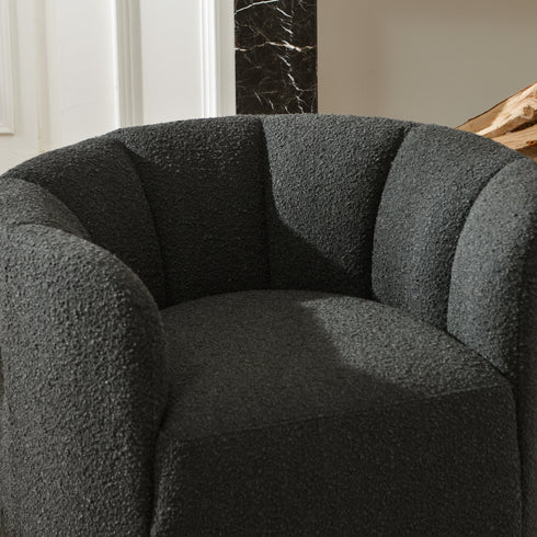 Wilton Bouclé Swivel Barrel Chair - Black Petal Back Modern Swivel Chair | Swivel Accent Chairs | Kinwell Furniture | Swivel Armchairs