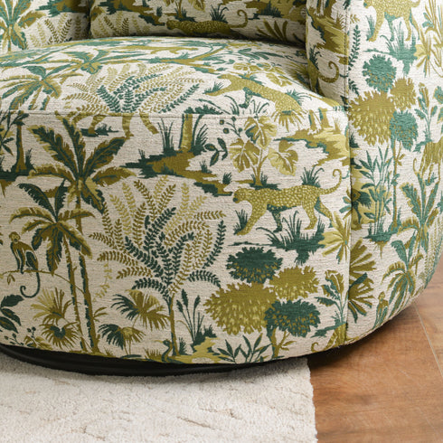 Ashlie Embroidered Fabric Swivel Chair - Jungle Animal Print Swivel Chair | Modern Swivel Accent Chair | Upholstered Swivel Armchair | Kinwell Furniture | 360 Degree Swivel Barrel Chair | Embroidered Fabric Armchair | Living Room Accent Chairs | Statement Swivel Chair