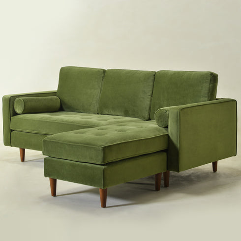 Tiziano Tufted 2-Piece Sectional Sofa – Green Velvet Reversible Chaise Couch with Accent Pillows | Mid-Century Modern L-Shaped Sofa | Kinwell Furniture