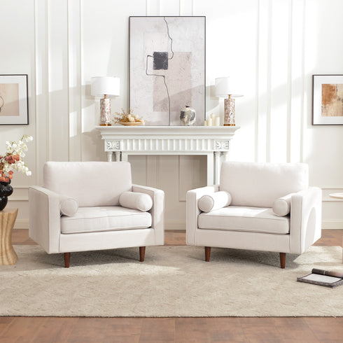 Tiziano Tufted Armchair – Ivory Linen Accent Chair with Pillows | Mid-Century Lounge Chair | Kinwell Furniture