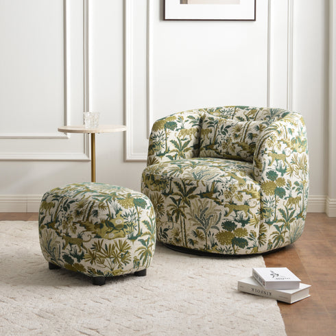 Elmer Embroidered Fabric Ottoman - Jungle Animal Print Ottoman | Embroidered Fabric Footstool | Kinwell Furniture | Modern Decorative Ottoman | Upholstered Accent Ottoman | Living Room Ottoman Stool | Matching Ottoman for Ashlie Swivel Chair | Statement Fabric Ottoman