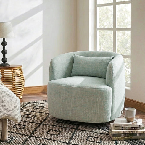 Ashlie Linen Swivel Barrel Chair - Light Green Modern Swivel Chair | Swivel Accent Chairs | Kinwell Furniture | Swivel Armchairs