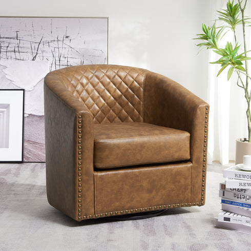 Logan Faux Leather Tufted Swivel Club Chair - Coffee Modern Swivel Chair | Swivel Accent Chairs | Kinwell Furniture | Swivel Armchairs