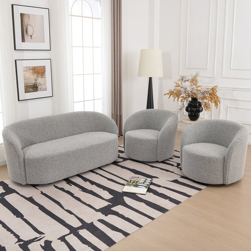 Everitte Bouclé Loveseat Sofa & Swivel Barrel Chair Set | Modern Fabric Loveseat Couch & Accent Swivel Chair | Kinwell Furniture | Comfortable Loveseat Sofa & Swivel Armchair Combo | Modern Living Room Furniture Set