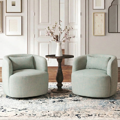 Ashlie Linen Swivel Barrel Chair - Light Green Modern Swivel Chair | Swivel Accent Chairs | Kinwell Furniture | Swivel Armchairs