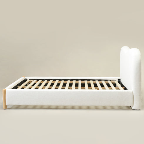 Dorothy Linen Platform Bed with Headboard – White Modern Upholstered Queen Bed Frame | Platform Beds | Kinwell Furniture | Bedroom Bed Frame