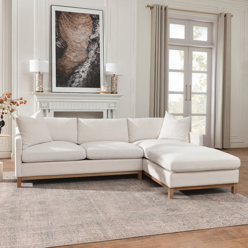 Cream Goose Down Sectional Sofa | L-Shape Down Filled Sectional with Chaise | Cream Upholstered Sectional Sofa | Modern Cream Sectional Couch | Soft Down Sectional Sofa