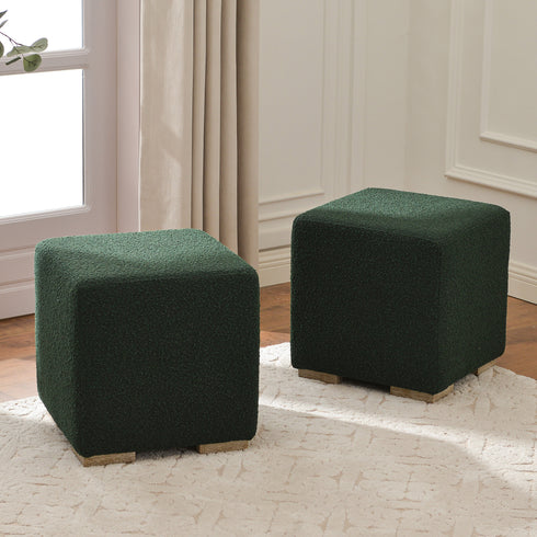 Bouclé Square Ottoman – Green Modern Footstool | Small Upholstered Ottomans | Kinwell Furniture | Minimalist Cube Poufs