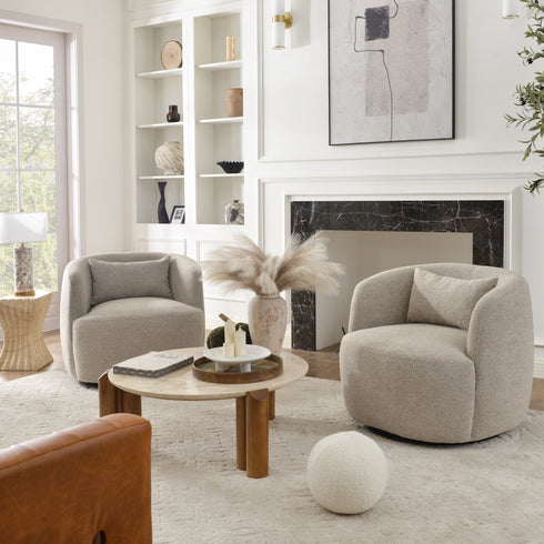Ashlie Bouclé Swivel Barrel Chair - Taupe Modern Swivel Chair | Swivel Accent Chairs | Kinwell Furniture | Swivel Armchairs