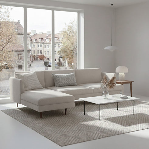 Samuel Tapered Arm Two-Piece Sectional – Linen Gray Modular Chaise Sectional Sofa | 3-Seater Couch | Kinwell Furniture | Mid-Century Modern, Sleek Look