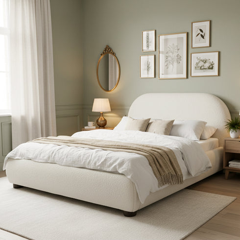 Harriet Bouclé Bed Frame with Headboard – Cream Upholstered Platform Bed | King Size | Kinwell Furniture