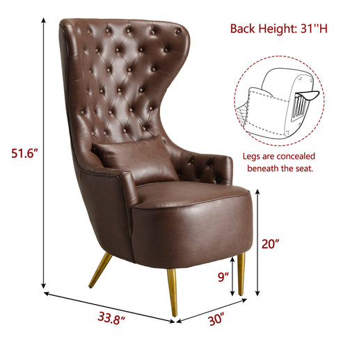 Letitia Faux Leather Wingback Chair - Brown Accent Chair | Decorative Faux Leather Chairs | Kinwell Furniture | Modern Wingback Accent Chairs