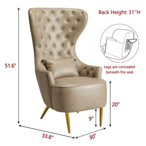 Letitia Faux Leather Wingback Chair - Khaki Accent Chair | Decorative Faux Leather Chairs | Kinwell Furniture | Modern Wingback Accent Chairs
