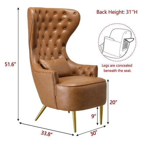 Letitia Faux Leather Wingback Chair - Camel Accent Chair | Decorative Faux Leather Chairs | Kinwell Furniture | Modern Wingback Accent Chairs
