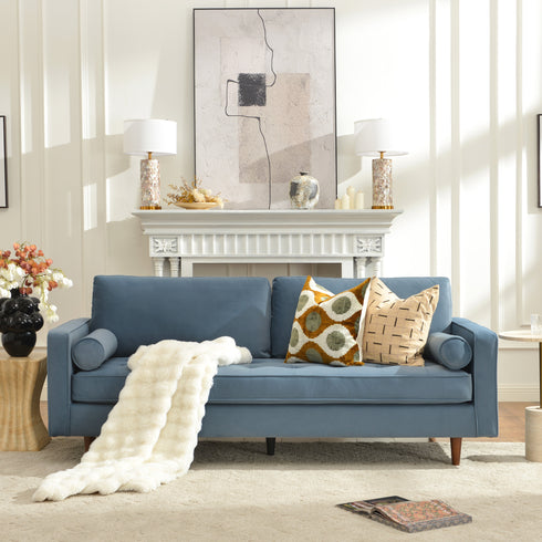 Tiziano Tufted 3-Seater Sofa – Blue Velvet Couch with Accent Pillows | Mid-Century Modern Sofa | Kinwell Furniture