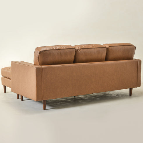 Tiziano Tufted 2-Piece Sectional Sofa – Camel Faux Leather Reversible Chaise Couch with Accent Pillows | Mid-Century Modern L-Shaped Sofa | Kinwell Furniture