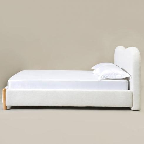 Dorothy Linen Platform Bed with Headboard – White Modern Upholstered Double Bed Frame | Platform Beds | Kinwell Furniture | Bedroom Bed Frame