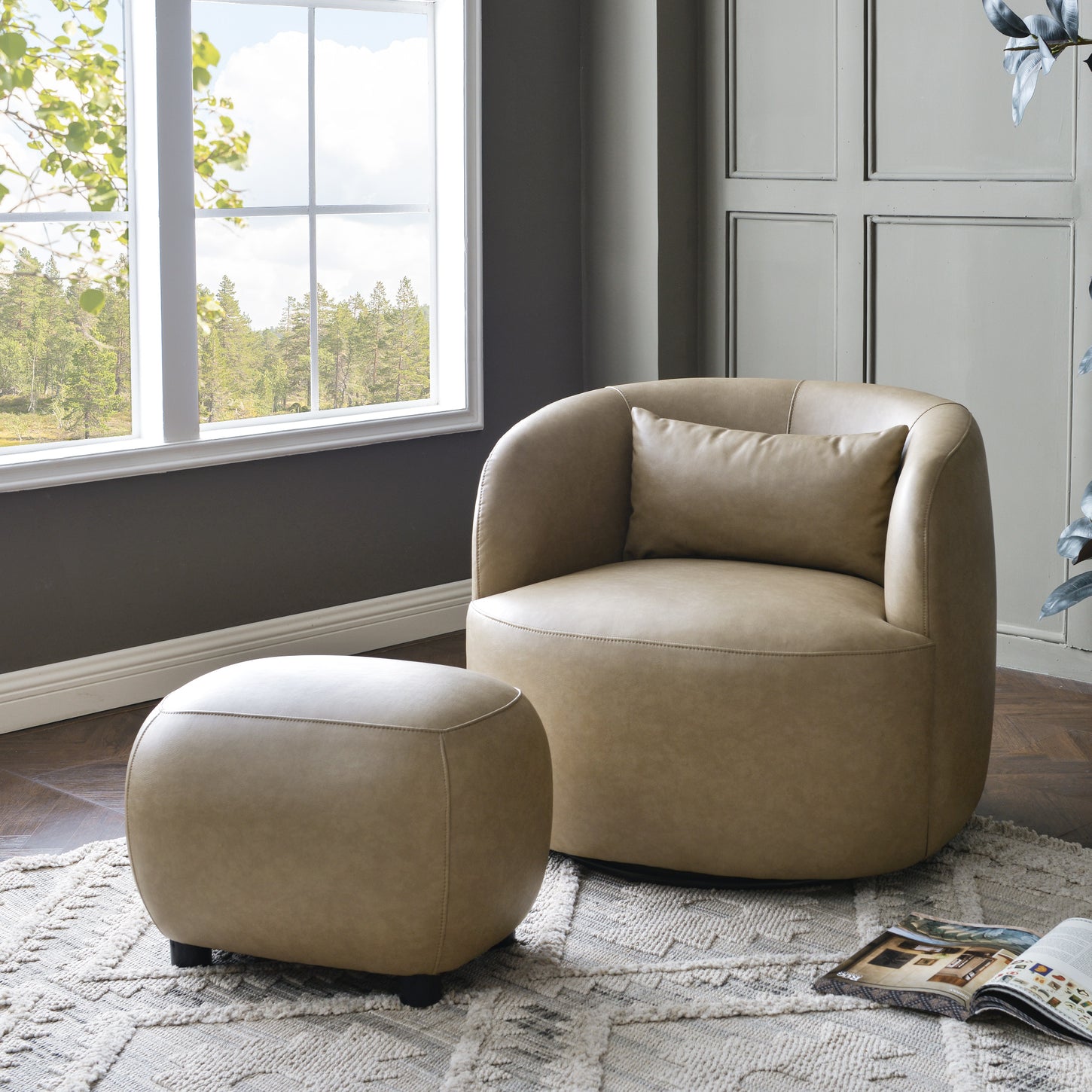 Elmer Faux Leather Ottoman – Round Khaki Ottoman | Decorative Ottoman | Kinwell Furniture | Modern Faux Leather Furniture