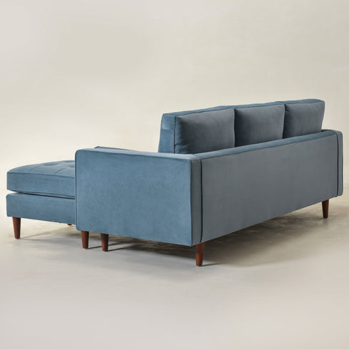 Tiziano Tufted 2-Piece Sectional Sofa – Blue Velvet Reversible Chaise Couch with Accent Pillows | Mid-Century Modern L-Shaped Sofa | Kinwell Furniture