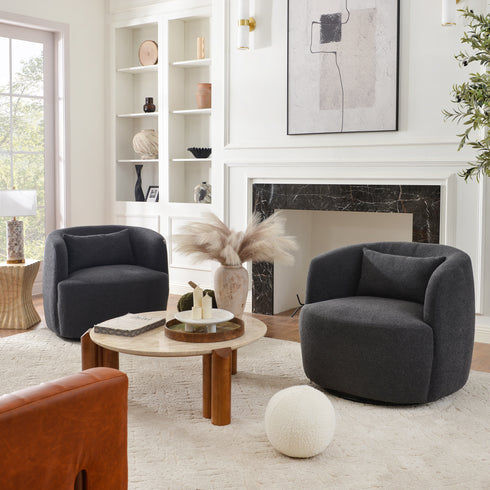 Ashlie Bouclé Swivel Barrel Chair - Dark Gray Modern Swivel Chair | Swivel Accent Chairs | Kinwell Furniture | Swivel Armchairs