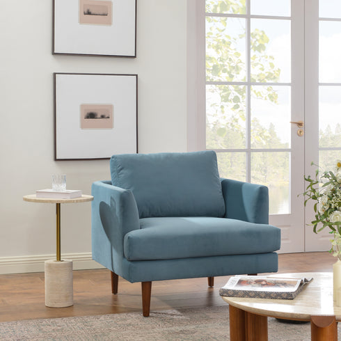 Upholstered Armchair – Blue Square Arm Accent Chair | Performance Fabric Armchair | Kinwell Furniture | Scandinavian, Timeless Design