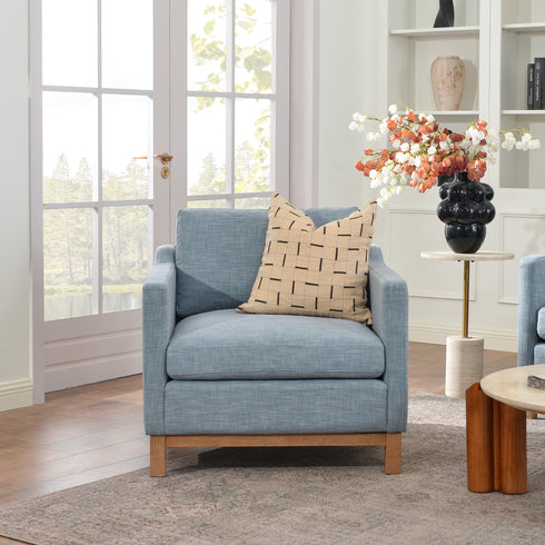 Goose Down Feathers Upholstered Armchair – Blue Square Arm Accent Chair | Plush Feather-Filled Chair | Kinwell Furniture | Cloud-Soft, Timeless Design