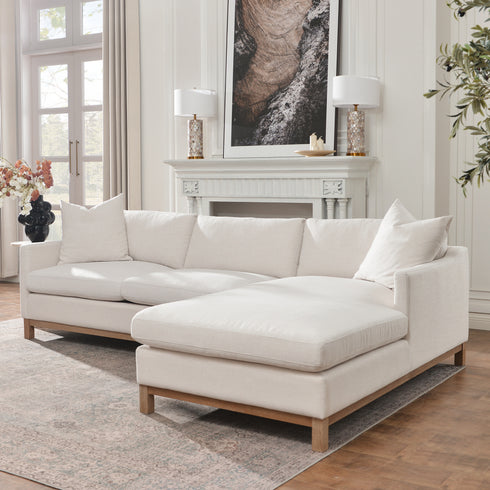 Cream Goose Down Sectional Sofa | L-Shape Down Filled Sectional with Chaise | Cream Upholstered Sectional Sofa | Modern Cream Sectional Couch | Soft Down Sectional Sofa