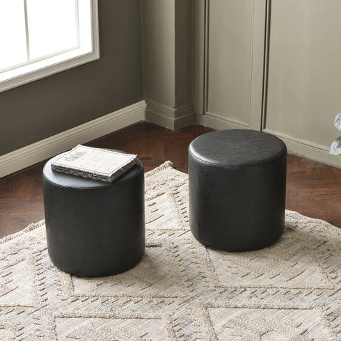 Elof Faux Leather Ottoman - 18" & 24" Round Ottoman | Small Space Furniture | Kinwell Furniture | Leather Accent Stool