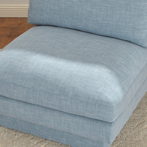 Linen Blend Down Feather Upholstered Accent Chair – Blue Modern Armless Slipper Chair | Soft Linen Blend Lounge Chair with Removable Cushions | Kinwell Furniture | Oversized Accent Chair